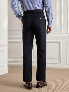 Business Casual Stretch Trousers, With Crown Embroidery, Elastic & Skin-Friendly Fabric, Breathable For Summer - Navy Blue - View 3