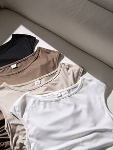 SHEIN 青少年女孩開學季夏季修身日常白色無袖T恤上衣基礎款 - 彩色 - 查看 4