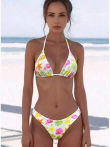Swim Mod بيكيني نسائي مطبوع بنقشة الحياة البحرية ذو ربطة خلفية وعنق هالتر، مناسب للشاطئ والعطلات الصيفية - متعدد الألوان - مشاهدة 4