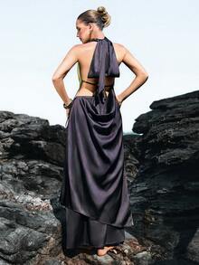 Femmeiva Brown Backless Tie-Up Design Dress For Women - Multicolor - View 1