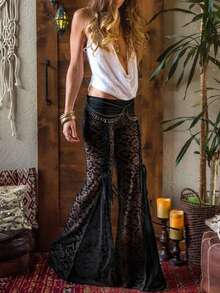 Aloruh 女士纯色黑色蕾丝超长喇叭裤，超低腰网纱拼接交叉系带喇叭裤，适合音乐节，性感波西米亚朋克风，春夏款 - 黑色 - 查看 3