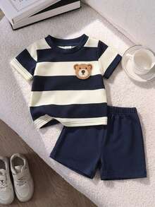 SHEIN 0-3岁婴幼儿男女通用夏季蓝杏条纹圆领短袖上衣搭配纯蓝色短裤套装，休闲运动风，适合户外、室内玩耍、亲子活动、夏季派对等场合。 - 寶藍色 - 查看 4