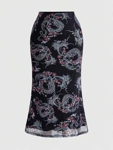 ROMWE Avant Summer Outfits Oriental Aesthetic New Chinese Style Dragon Pattern Print Mesh Bodycon Mermaid Skirt, Plus Size - Black - View 7