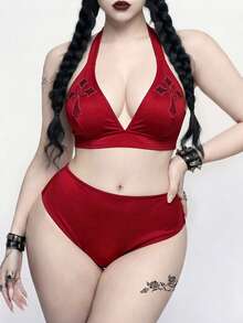 ROMWE Goth 大码女式两件套交叉印花吊带性感比基尼泳衣，适合海滩度假 - 彩色 - 查看 4