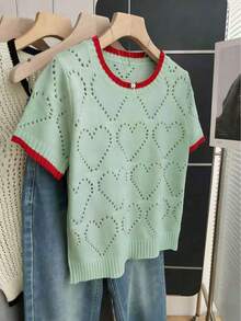SHEIN Franclia Áo len nữ màu be dáng rộng, cổ tròn, tay ngắn, họa tiết trái tim khoét rỗng, viền tương phản, thích hợp mặc mùa xuân/hè. Áo len tay ngắn nữ, mẫu mới nhất, áo kiểu thường ngày thanh lịch. - màu xanh lá - Xem 4