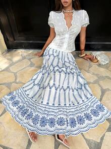 Serisse Women's Summer Vacation Floral Print Ruffle Hem Skirt - Blue and White - View 6