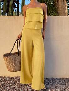 Women's Summer Vacation Yellow Camisole Ruffle Top And Casual Pants 2 Pieces Set Lounge Sets For Women - Yellow - View 5