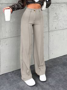 SHEIN Petite Size Women's Solid Color Simple Daily Business Pants - Cream - View 4