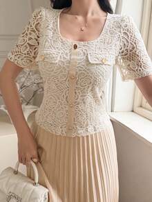 DAZY Women's Faux Two-Piece Short Sleeve Elegant Pleated Dress - White - View 5