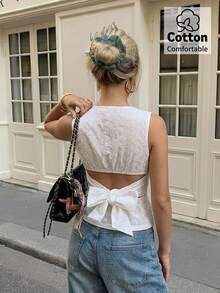 Aloruh 女士花卉刺绣图案后背系带设计时尚百搭休闲上衣 - 白色 - 查看 13