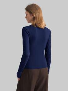 Ontre 2026春夏新款女装不对称设计纯色圆领长袖金属纽扣腰身休闲长袖都市通勤商务休闲女装，办公室着装，优雅派对上衣 - 藏蓝色 - 查看 8