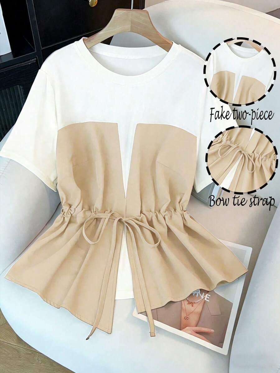 GlowEve CURVE Áo thun nữ cỡ lớn, chất liệu vải dệt kim phối màu, cổ tròn, tay ngắn, cạp chun, dáng rộng, suông, thoải mái, thời trang hàng ngày, phù hợp cho kỳ nghỉ, đa năng 2 trong 1, thích hợp cho mùa xuân và hè. - Nhiều màu - Xem 1