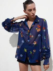 Aveloria Modichic 优雅随机雪纺撞色花卉印花层叠荷叶边袖口长袖衬衫 - 彩色 - 查看 4