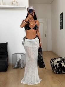 Coolane 女士春夏街头风时尚Y2K波西米亚海滩装蕾丝弹力褶皱米色长款鱼尾裙 - 米色 - 查看 2