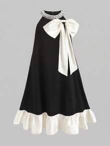 Teen Girl Loose Elegant Round Neck Sleeveless Color Block Bow Decor Dress, Black Dress, Party Wear Luxurious Elegant Party Dress For Girls, Suitable For Prom, Wedding, Party, Events - Black and White - View 2