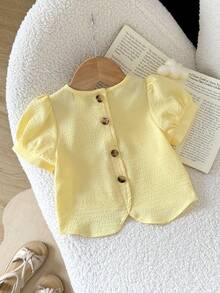 Emery Rose Kids Áo kiểu tay phồng ôm dáng thoải mái cho bé gái, màu vàng đơn giản, thích hợp cho các hoạt động ngoài trời mùa xuân/hè. - Màu vàng - Xem 6