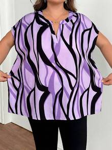 SHEIN CURVE+ 大码女式V领休闲百搭日常衬衫 - 淡紫色 - 查看 6