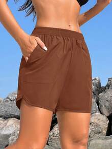 Swim Vcay Women's Solid Color Elastic Waist Pocket Beach Shorts - Brown - View 6