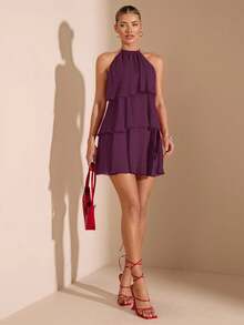 Vestido corto de gasa rojo sólido con hojas de loto en cascada, apropiado para citas diarias, salidas nocturnas, discotecas, fiestas, reuniones, fiestas de cócteles, fiestas de piscina, ropa de vuelta al colegio, vestidos de temporada escolar, vestidos de vacaciones, faldas tutú - Rojo violeta - Ver 6