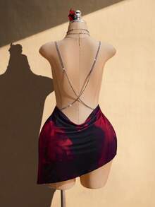 SHEIN ICON Plus Size Women's Black And Red Summer 70's Night Out Club Party Dress,Retro V-Neck Side Slit Diamond Chain Decoration Floral Print Slim Fit Elegant - Multicolor - View 2
