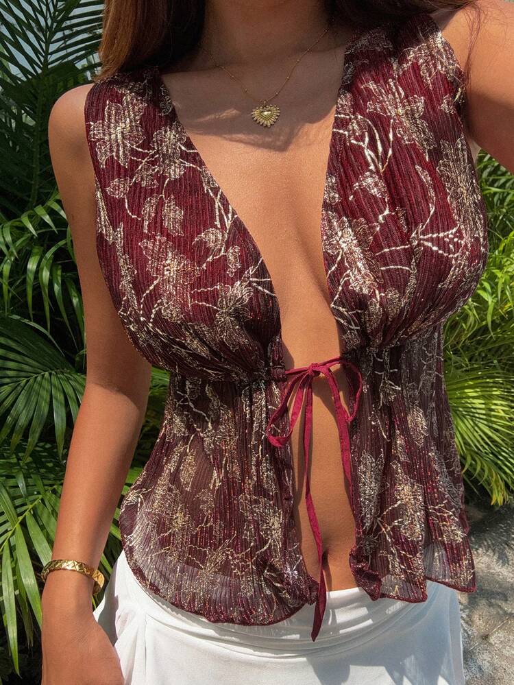 Women's Foil Print Tie-Waist Casual Vacation Summer Tank Top