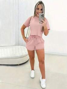 SHEIN 女士休闲纯色短袖T恤和短裤两件套 - 藕粉色 - 查看 3