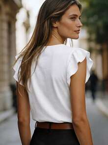 EMERY ROSE Women's Spring/Summer New Arrival Ruffle Sleeve V-Neck T-Shirt - White - View 2