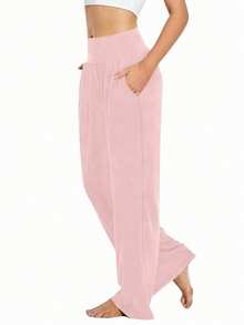 INAWLY Women's Casual Solid Color Wide Waist Pants - Pink - View 3