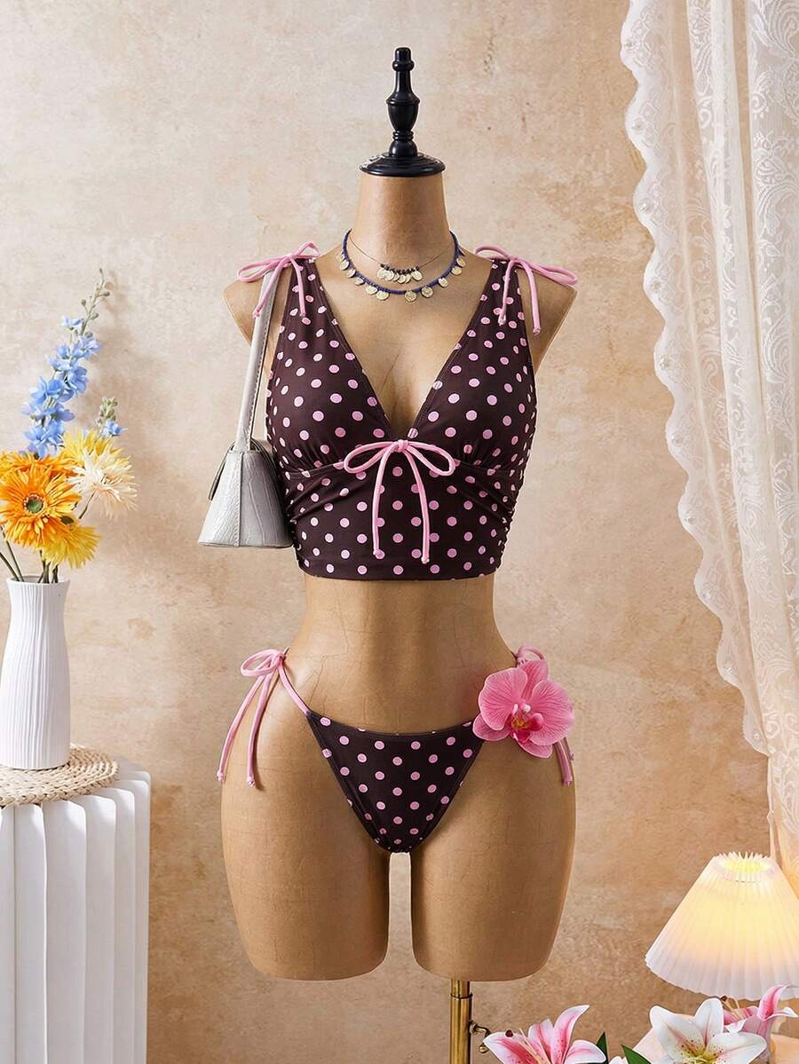 Bellisia Bộ 2 món, hàng mới về, họa tiết chấm bi, dây rút hai bên, gồm quần bikini và áo hai dây cho nữ, thích hợp mặc mùa xuân/hè. - Nhiều màu - Xem 1