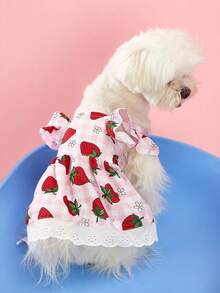 PETSIN 1件草莓樱桃白色卷边印花宠物连衣裙，轻柔透气度假风，带小飞袖，宠物服装 - 彩色 - 查看 4