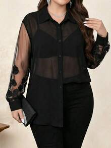 Reflora Plus Size Women Black Mesh Patchwork Long Sleeve Button Down Loose Blouse,Elegant Summer Formal Sheer Top,Floral Embroidered Evening Night Out Club - Black - View 3