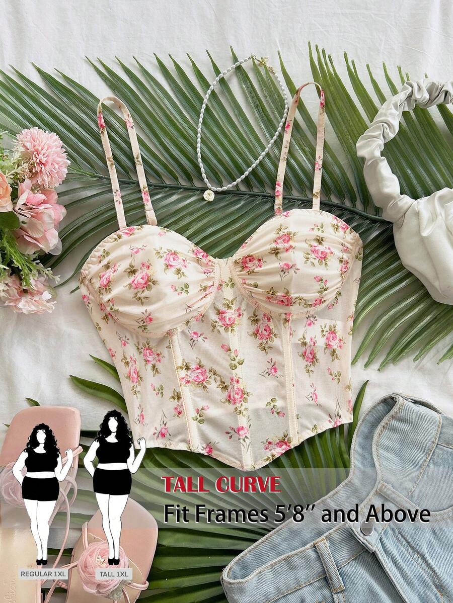 SHEIN Tall CURVE Women's Plus Size Tall Floral Print Camisole,Pastel Pink Summer Curve Tank Top,Asymmetric Hem Elegant Vest For Party,Vacation,Holiday & Carnival - Pink - View 1
