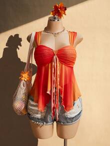 SHEIN ICON Women's Plus Size Sunset Gradient Orange Camisole Red Summer Boho Sexy Elegant Curve Vacation Holiday Y2K Retro Gathered Straps Beach Top - Orange - View 6