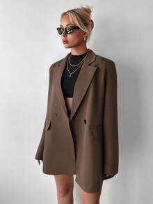 Ritzy Row Women's Casual OVERSIZE Padded Shoulder Mid-Length Double-Breasted Blazer - Coffee Brown - View 5