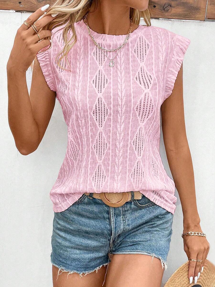 EMERY ROSE Camiseta básica casual de mujer con cuello redondo y mangas cortas, con textura de diamante - Rosa - Ver 1