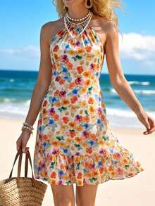 Sylviya Vestido feminino casual de férias com amarração nas costas e decote nas costas - Multicolorido - Ver 2