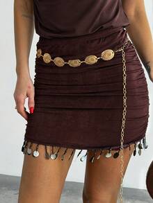Firerie Women's Elegant Spring/Summer Boho Romantic Beach Vacation Ruched Tight Seashell Tassel Hem Mini Skirt Women Skirts Womens Summer Resort Beach Skirt - Brown - View 9