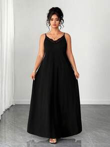 Elenzga Spring/Summer New V-Neck Casual Sleeveless Patchwork Lace Dress, Plus Size - Black - View 5