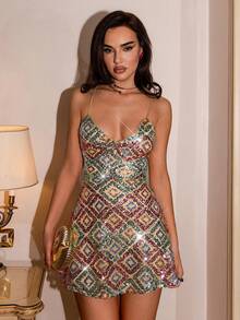 SHEIN Allurite Đầm ngắn hai dây gợi cảm đính sequin hình học dành cho nữ - Nhiều màu - Xem 4