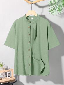 SHEIN 青少年男童纯色单排扣短袖纹理休闲衬衫，舒适时尚，适合夏季穿着，可用于休闲、上学、旅行和海滩度假等场合。 - 薄荷綠 - 查看 2