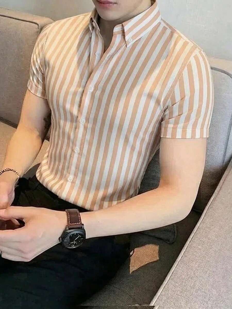 Manfinity Homme 男士条纹单排扣休闲短袖衬衫 - 杏色 - 查看 1