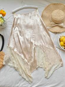SHEIN Comfortcana 女士优雅缎面提花撞色蕾丝不对称下摆半身裙，度假风 - 杏色 - 查看 1