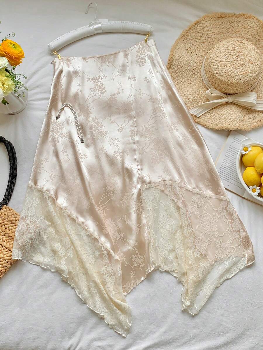 SHEIN Comfortcana 女士优雅缎面提花撞色蕾丝不对称下摆半身裙，度假风 - 杏色 - 查看 1