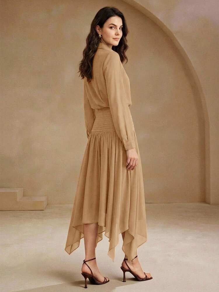 Women's Waist-Cinching Elegant Long Sleeve Shirt Dress, Chiffon Pleated Asymmetrical Hem, Draping Casual Long Dress