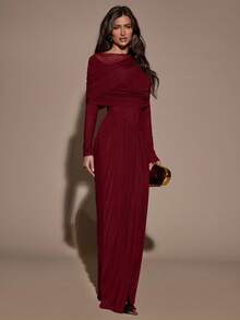 SHEIN BAE 女士优雅撞色网纱荷叶边长袖连衣裙，春夏款 - 酒紅色 - 查看 3