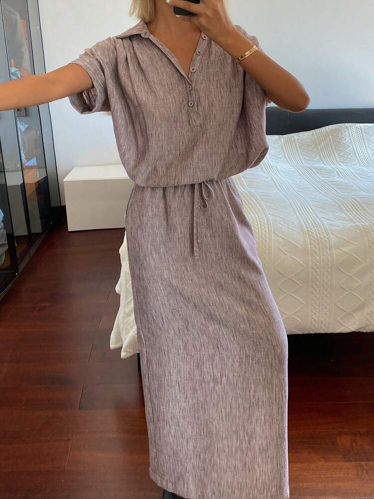 Women's Collared Short Sleeve Loose Pullover Shirt And Elastic Waist Long Straight Skirt 2 Pieces Casual Set