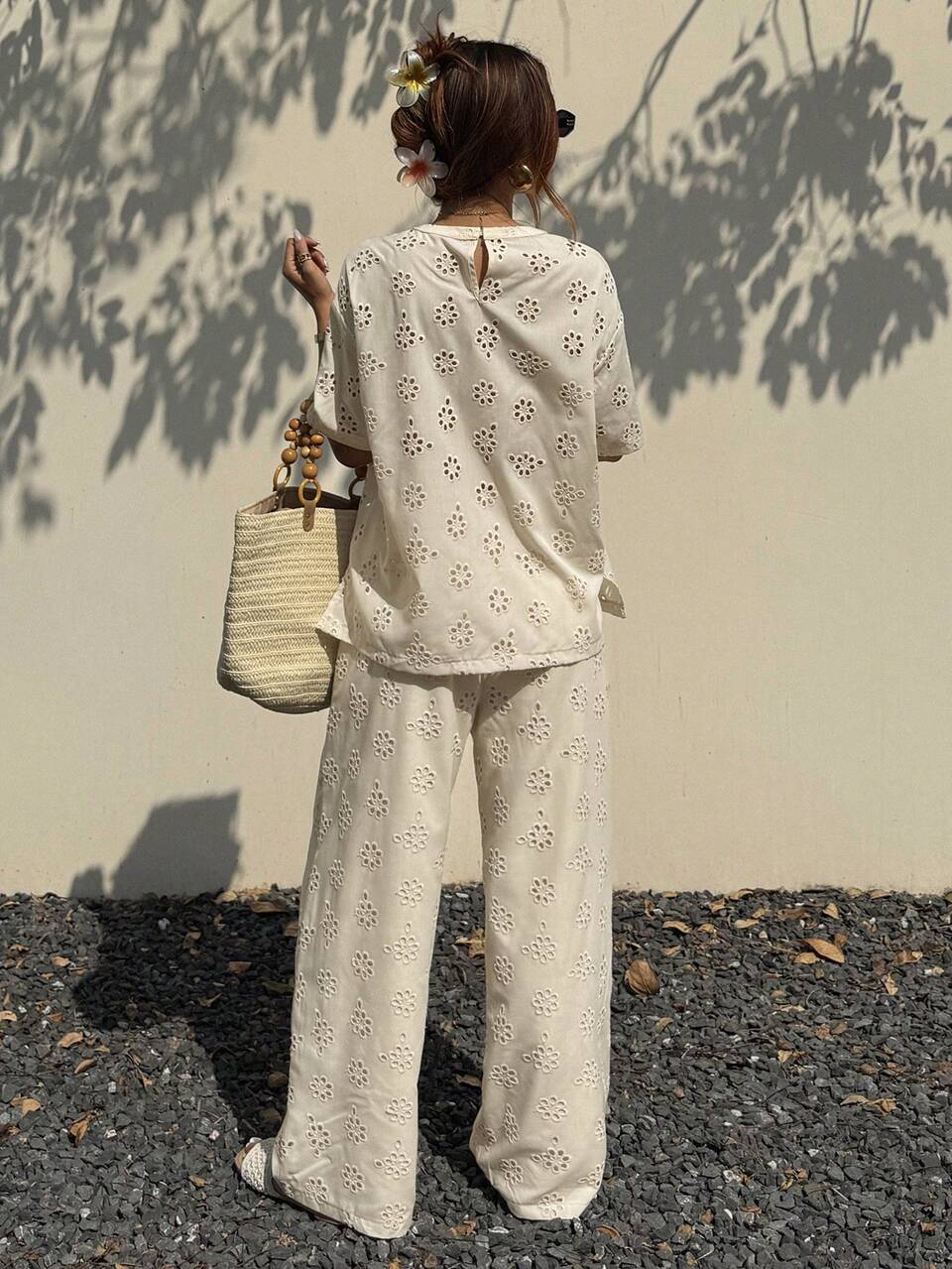 Women's 2-Piece Outfit Lounge Sets, Apricot Round Neck Short Sleeve Top And Pants Set, White Floral, Autumn, Boho Tropical, Tea Party Beach Vacation