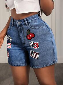 BamGleam 女士夏季斜插口袋牛仔短裤 - 深色水洗藍 - 查看 5