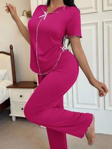 SHEIN Côtesoire 女士 V 领前短后长白色蝴蝶结荷叶边柔软薄牛奶丝短袖裤，休闲舒适家居服 2 件套 - 玫紅色 - 查看 4