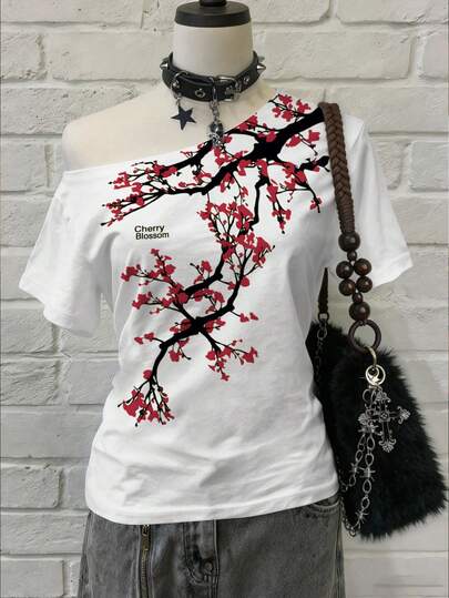 Glimmora 女士露肩T恤，露肩上衣，夏季服装，梅花图案，女装，女士上衣，休闲背心，潮流单品，时尚上衣，街头风上衣，街头女装，Y2K上衣，Y2K服装，复古上衣，中国风上衣